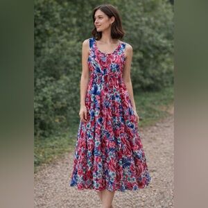 Vtg Metropolitan Pink Blue Floral Tiered Babydoll Sleeveless Midi Dress Size L